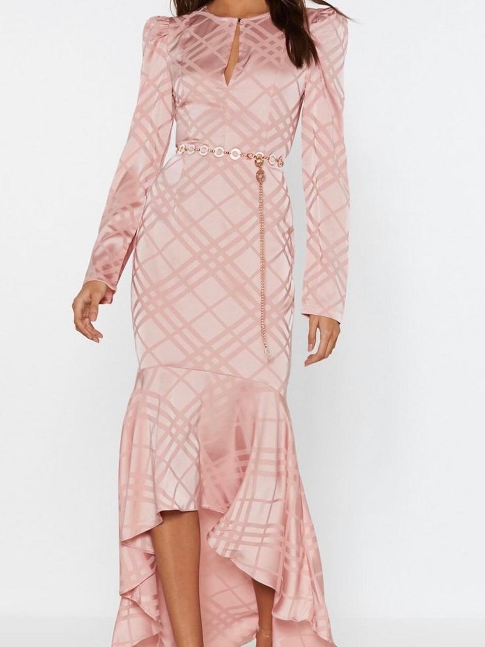 NWT Allyson L Pink Not Today Satin Ruffle Midi Dress Nasty Gal Collection